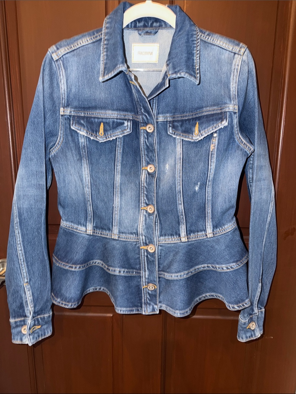 Fracomina Rouche Strongstone Denim Ruffle Peplum Jacket Size Small Like New